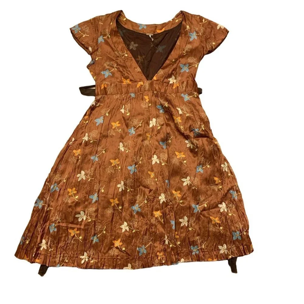 Free People Brown Floral Wrap Dress Size 4 Copper Blue Yellow